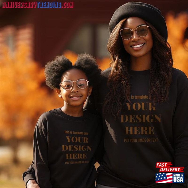 Autumn Mommy And Me Black T-Shirt Mock Up African American Fall Family Mother Daughter Shirt Mockup Fair Pumpkins Hoodie Sweatshirt -Bipubunny Store