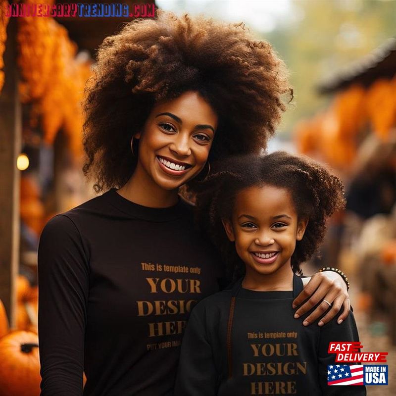 Autumn Mommy And Me Black T-Shirt Mock Up African American Fall Family Mother Daughter Shirt Mockup Fair Pumpkins Sweatshirt – Bipubunny Store