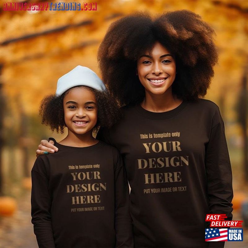 Autumn Mommy And Me Black T-Shirt Mock Up African American Fall Family Mother Daughter Shirt Mockup Fair Pumpkins Unisex Classic -Bipubunny Store