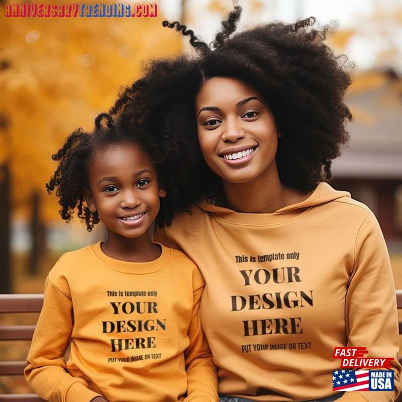 Autumn Mommy And Me Orange T-Shirt Mock Up African American Fall Family Mother Daughter Shirt Yellow Mockup Classic -Bipubunny Store