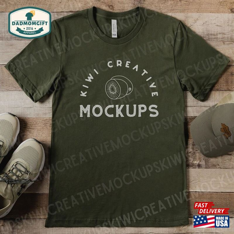 Bella Canvas 3001 Military Green Shirt Flat Lay Men’s T-Shirt Mockup Classic Hoodie