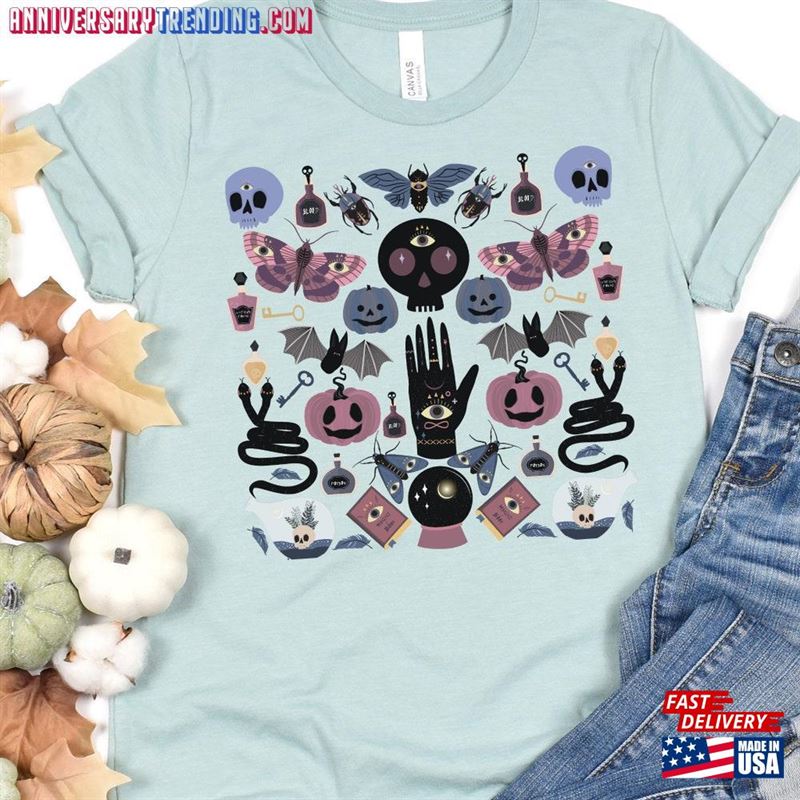 Boho Mystic Halloween Little Things Doodles Shirt Graphic Snake Witch Skull Bat Spooky Mom Collage T-Shirt Sweatshirt Unisex – Bipubunny Store