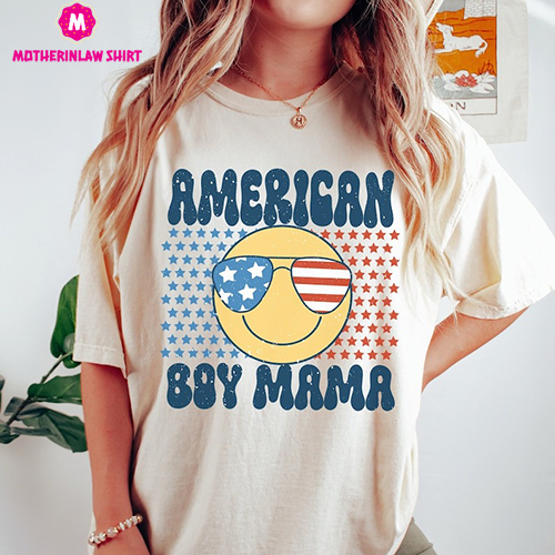 Boy Mom Shirt, Mama 4th of July Shirt, Son Gift For Mom, Comfort Color American Boy Mama Smiley Face Shirt, Patriotic Shirt Women, Mama Gift