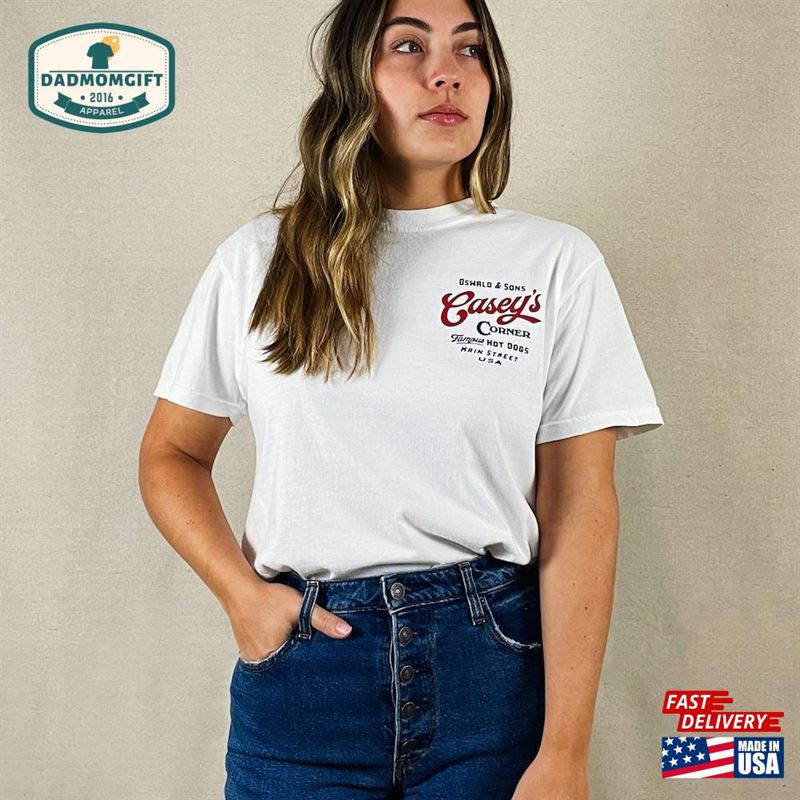 Casey’s Corner T-Shirt Short Sleeve White Blue Red Main Street Usa Magic Kingdom Food Apparel Clothing Vintage Retro Adult Unisex Gift