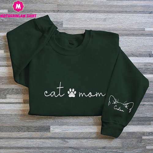 Cat Mom Embroidered Sweatshirt, Custom Mama Shirt With Pet Names, Cat Mom On Chest, Paw On Chest, Cat Ears on Sleeve, Mother’s Day Gift