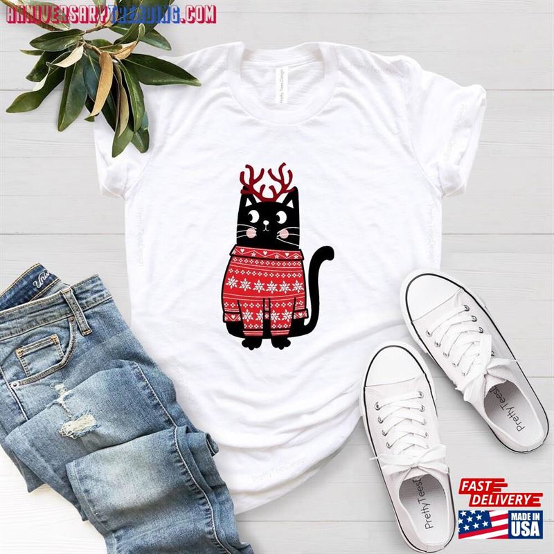 Cat With Christmas Shirt Meow Print Trendy Womens Mens Unisex Kitty Pussy T-Shirt Xmas Family Classic Hoodie – Bipubunny Store