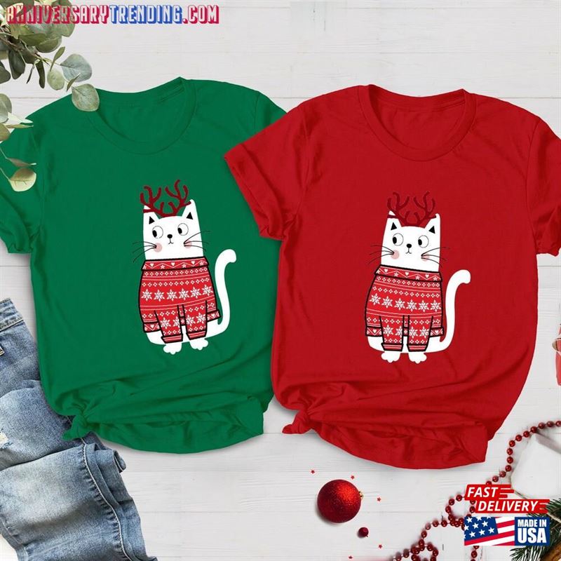 Cat With Christmas Shirt Meow Print Trendy Womens Mens Unisex Kitty Pussy T-Shirt Xmas Family Classic Hoodie – Bipubunny Store