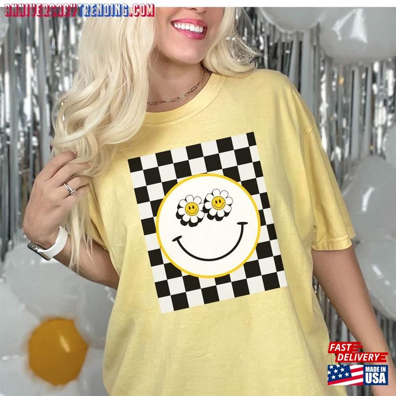 Checkered Pattern Smiley Face Shirt Retro Smile Trendy Unisex Classic -Bipubunny Store