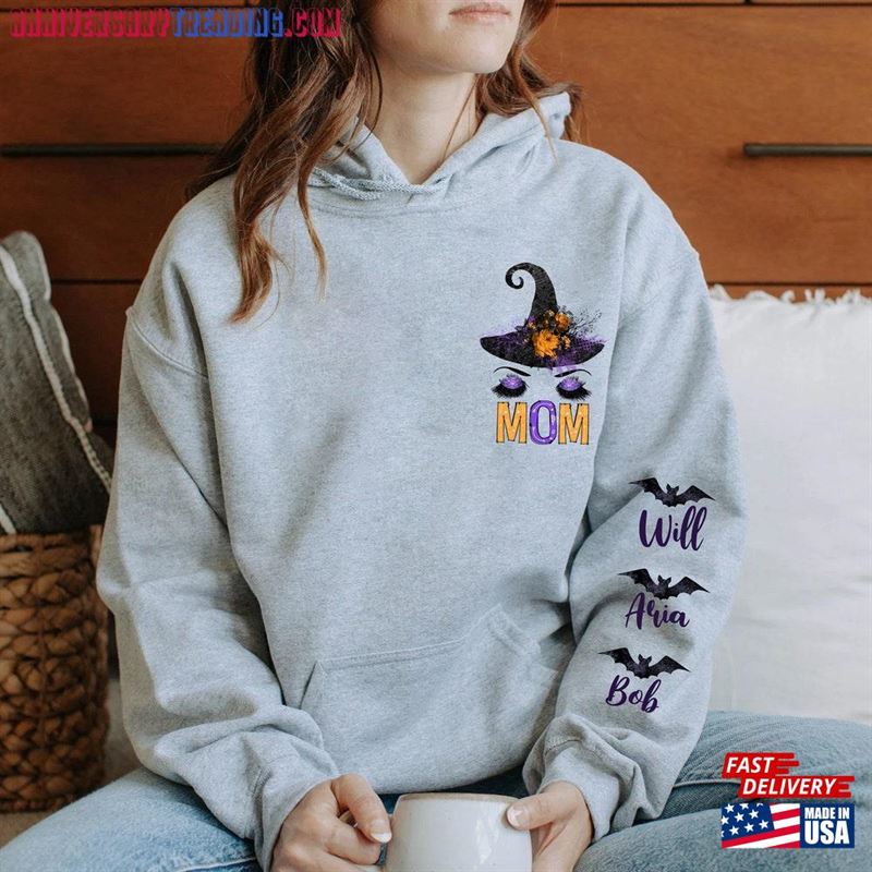 Custom Mom Witch Sweatshirt For Halloween Mama With Names On Sleeve Classic – Bipubunny Store