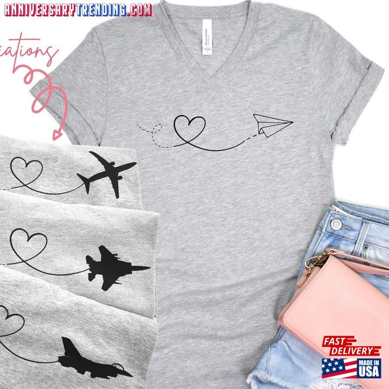 Customizable Heart Jet V Neck Fighter T-Shirt Female Pilot Military Spouse Shirt Gift Paper Airplane Tee F16 F15 Sweatshirt Classic – Bipubunny Store