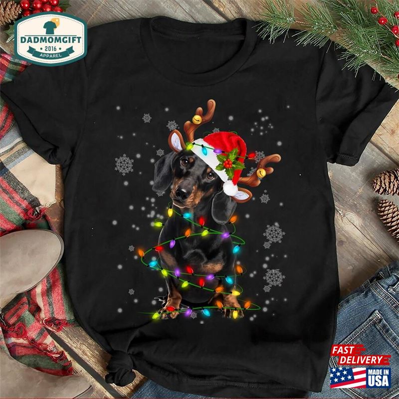 Cute Daschund With Christmas Lights T-Shirt Family Shirts Men Hoodie