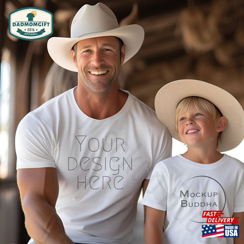 Daddy And Me Bella Canvas T-Shirt Mockup White Tshirt Cowboy Hat Classic Unisex