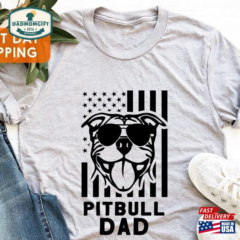 Dog Dad T-Shirt Father Shirt American Flags Pitbull Classic Hoodie