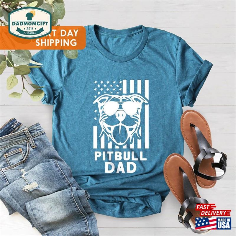 Dog Dad T-Shirt Father Shirt American Flags Pitbull Classic Hoodie