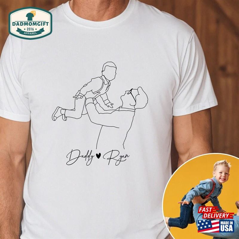 Fathers Day Gifts From Kids Custom Photo Shirt For Dad Father Line Art Unisex Classic