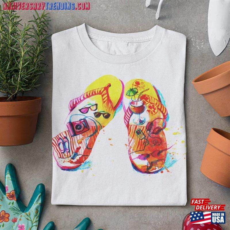 Flip Flops Watercolor Design Art Cool Funny White Unisex Men Women T-Shirt Classic – Bipubunny Store