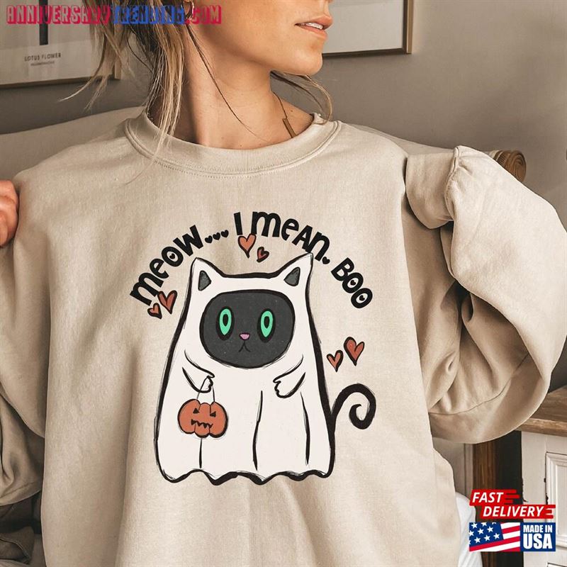 Ghost Cat Halloween Sweatshirt Meow I Mean Boo Funny Hoodie – Bipubunny Store