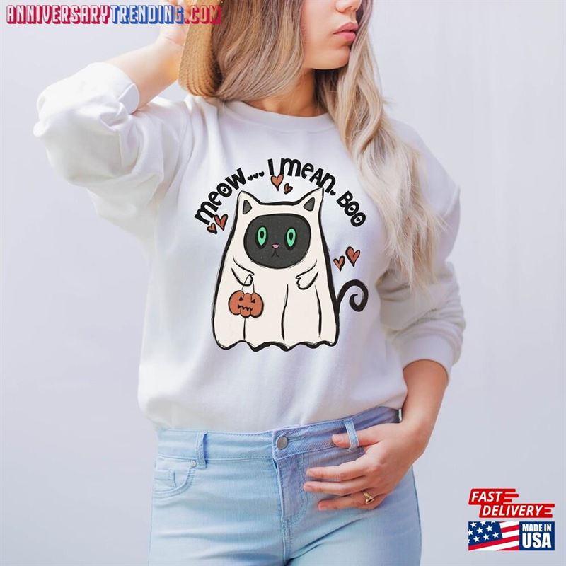 Ghost Cat Halloween Sweatshirt Meow I Mean Boo Funny Hoodie – Bipubunny Store