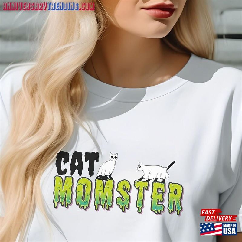 Ghost Cat Momster T-Shirt Women’s Halloween Top Classic Unisex – Bipubunny Store