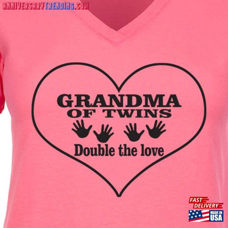 Grandma Of Twins Double Trouble V Neck T-Shirt Two New Babies Love Joy Happy Family Expecting Pregnant Birth Baby Shower Identical Fraternal Sweatshirt Classic -Bipubunny Store