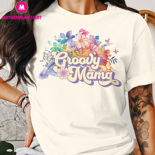 Groovy Mama Rainbow Watercolor Aesthetic T-shirt, Butterflies with Retro Lettering, Hippie Flower Power Tee, Groovy Vibes Shirt, Hippie mom