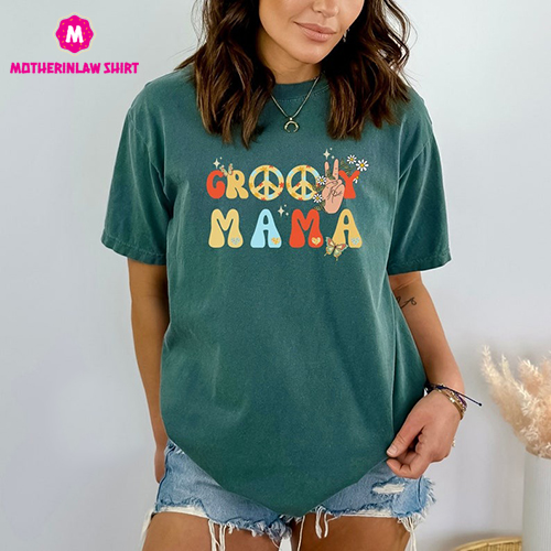 Groovy Mama Retro Peace Hand Sign with Flowers T-Shirt Retro Mom Shirt, Trendy Mom Shirt, Groovy Shirt, Gift for Mom,Unisex Garment-Dyed T-s