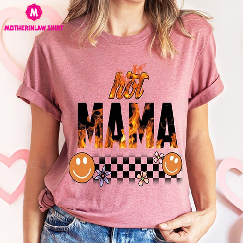 Hot Mama Checkered Shirt, Mama Flame T-shirt, Mothers Day Tee, Funny Mama Tee, Retro Mom Melting Smiley Face Shirt, Gift Idea for Mom