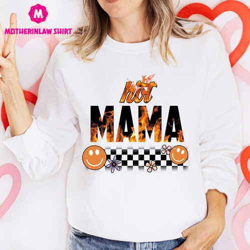 Hot Mama Checkered Shirt, Mama Flame T-shirt, Mothers Day Tee, Funny Mama Tee, Retro Mom Melting Smiley Face Shirt, Gift Idea for Mom