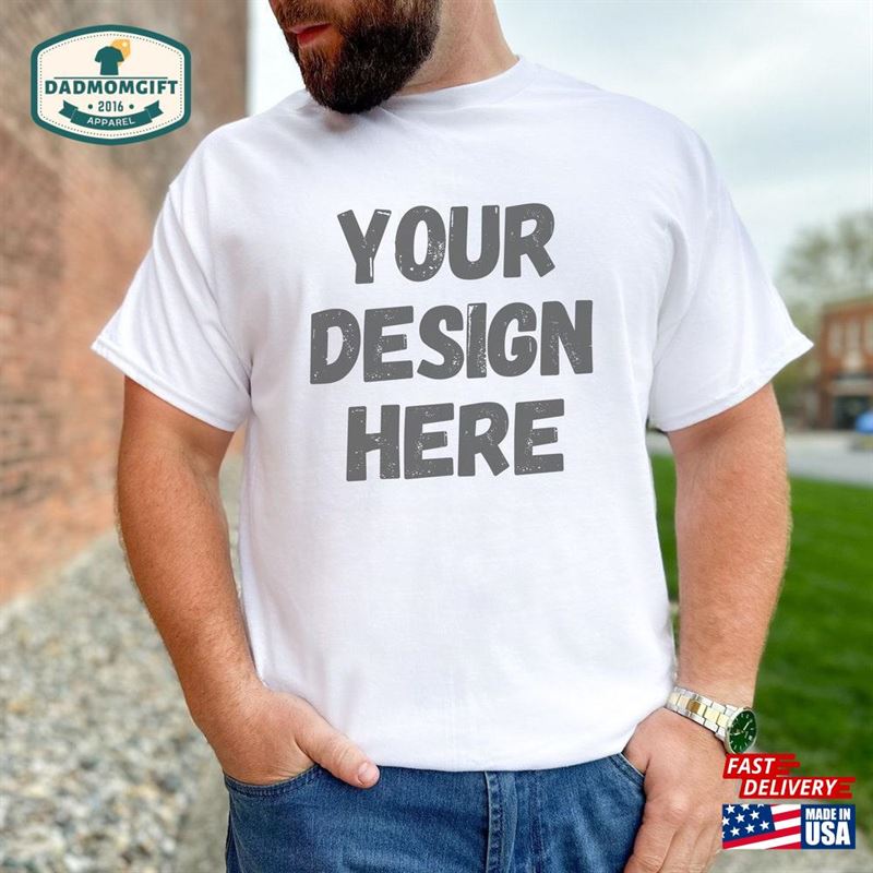 Male Model Mockup White Gildan 5000 T-Shirt Sweatshirt