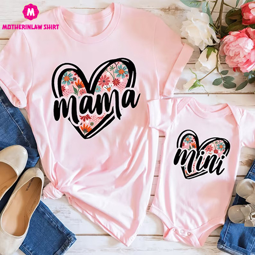 Mama Mini Shirt, Mothers Day Gift, Heart Mama Shirt, Heart Mini Shirt, Mama and Mini Matching Shirts, Mommy and Me Shirt, Floral Heart Shirt – MotherInLaw Shirt