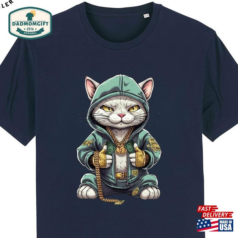 Mens Funny Cat T-Shirt Hip Hop Rapper Classic