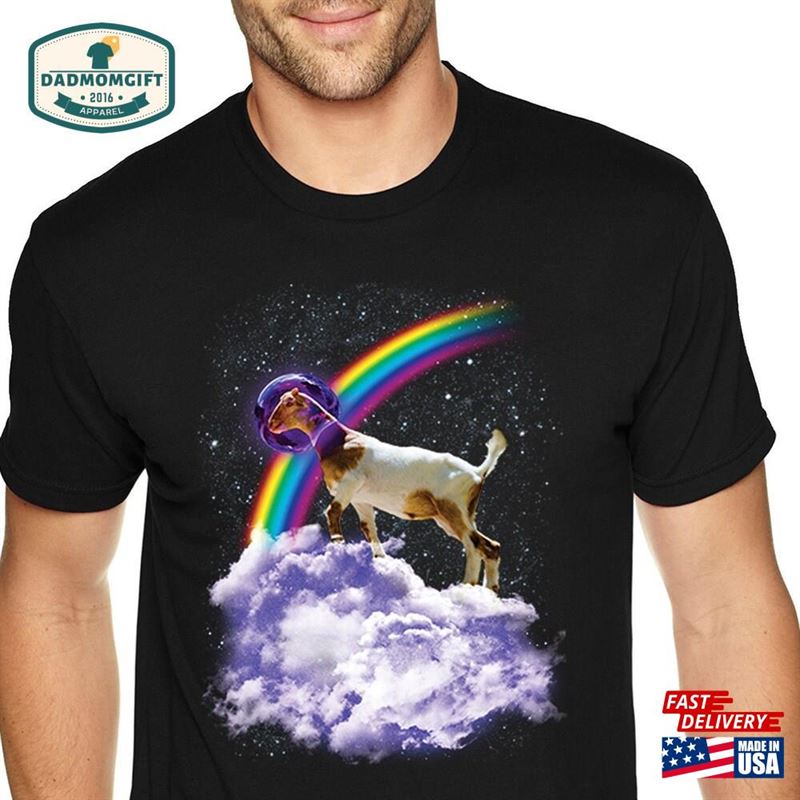 Men’s Tee Rainbow Goat Space Galaxy Astronaut Mars Moon Ufo Alien Rocket Ship Animal Zoo Sheep Capricorn Crewneck T-Shirt Unisex