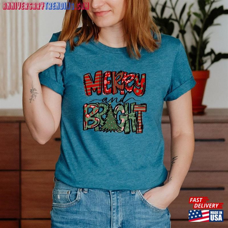 Merry And Bright Christmas T-Shirt Party Shirt Family Xmas Matching Tee Unisex – Bipubunny Store