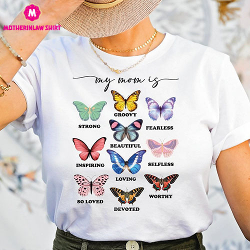 My Mom Is Strong Beautiful Fearless Shirt, Groovy Mama Shirt, Mothers Day Gift, Mama Butterfly Shirt, Retro Mama Shirt Gift