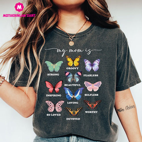 My Mom Is Strong Beautiful Fearless Shirt, Groovy Mama Shirt, Mothers Day Gift, Mama Butterfly Shirt, Retro Mama Shirt Gift