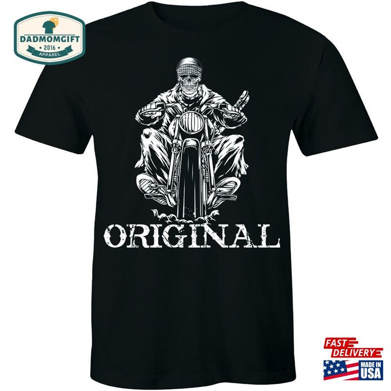 Original Old School Skeleton Ghost Biker Chopper Motorcycle Rider T-Shirt Classic Unisex