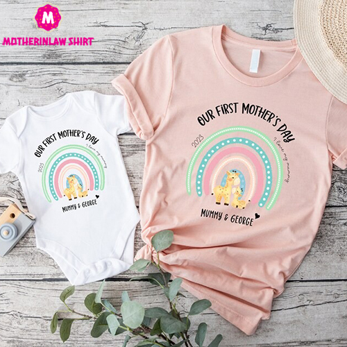 Our First Mother’s Day Rainbow Shirt, Customized Gift For Mom With Kids Names, First Time Mom Outfits, Matching Mother’s Day T-Shirt, U963 – MotherInLaw Shirt