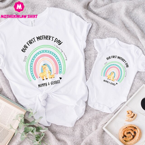 Our First Mother’s Day Rainbow Shirt, Customized Gift For Mom With Kids Names, First Time Mom Outfits, Matching Mother’s Day T-Shirt, U963 – MotherInLaw Shirt