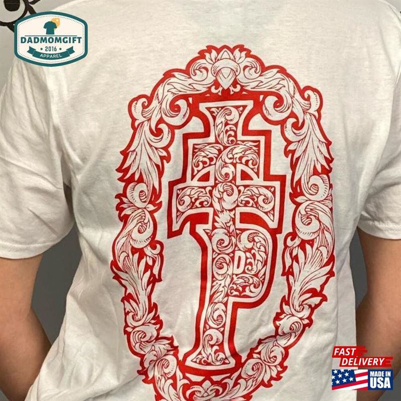 Painted Temple Tattoo Logo T-Shirt White And Red Filigree Unisex