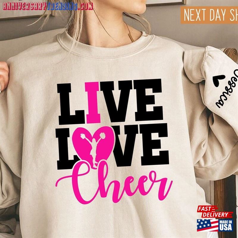 Personalized Cheer Sweatshirt Live Love Shirt Custom Name On Sleeve Sweater Classic – Bipubunny Store