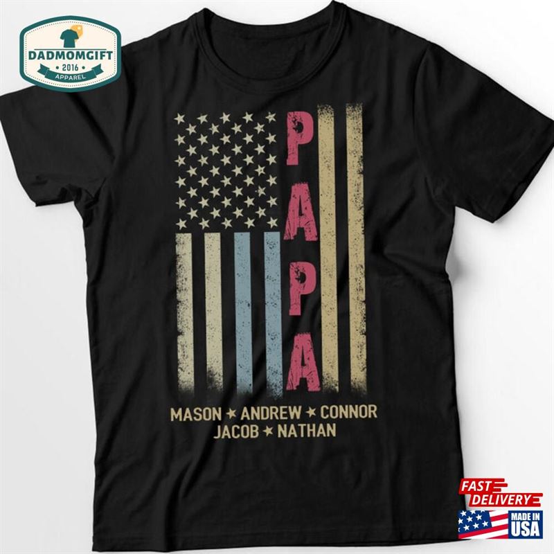 Personalized Grandpa Shirt Great Papa Us Flag With Grandkid Names Unisex T-Shirt