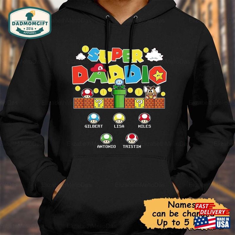 Personalized Super Daddio Game Shirt Custom Kids Name Dad Funny Fathers T-Shirt Unisex