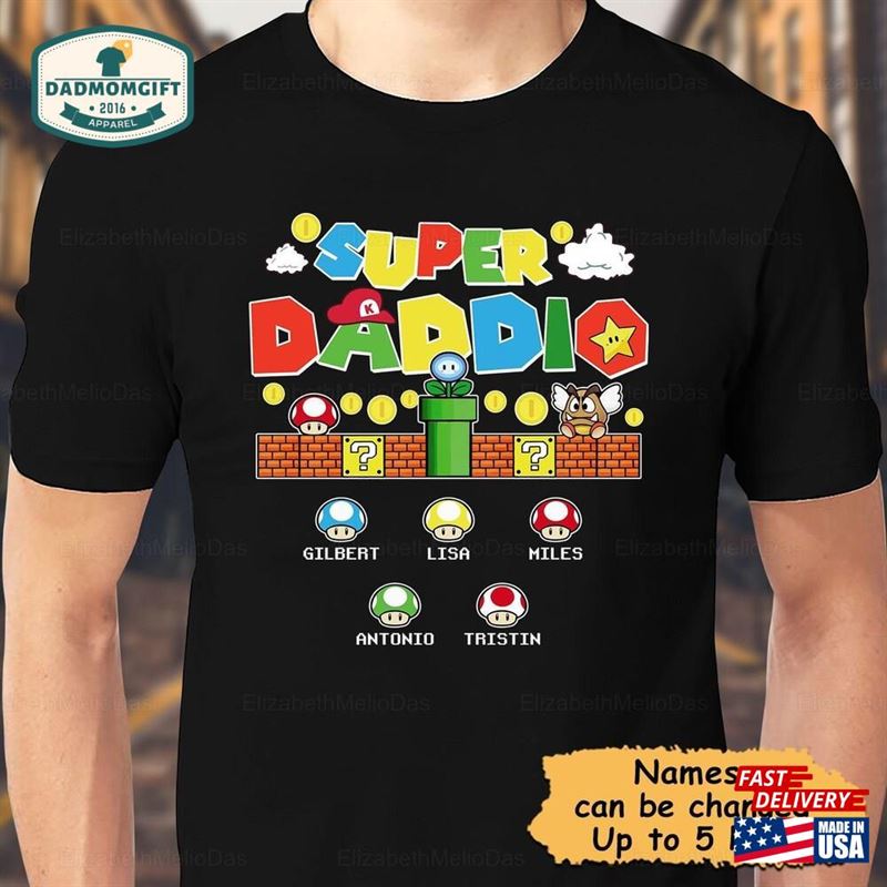 Personalized Super Daddio Game Shirt Custom Kids Name Dad Funny Fathers T-Shirt Unisex