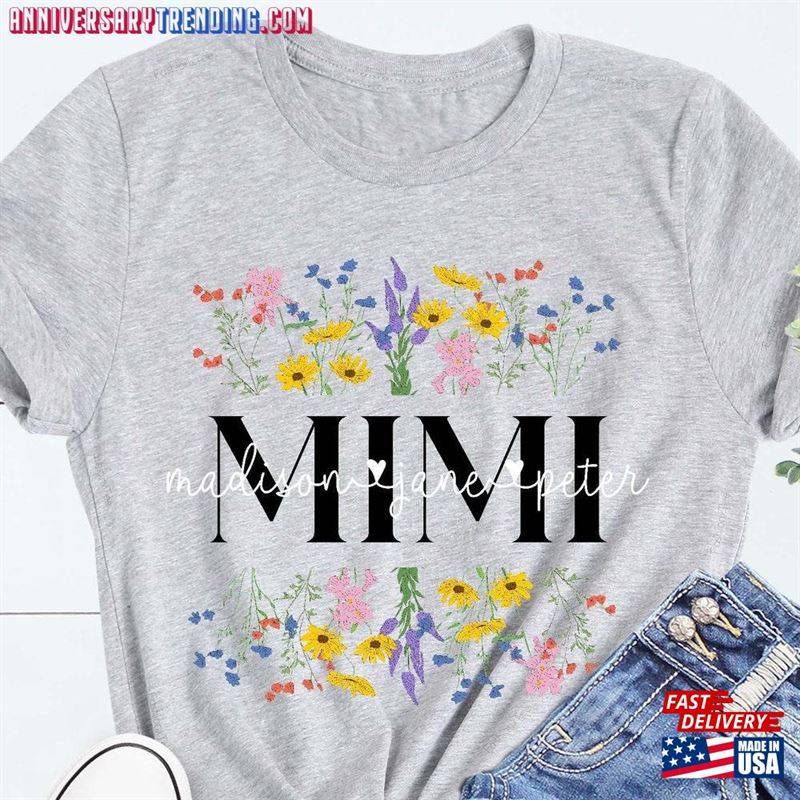 Personalized Wildflowers Mimi And Grandkids T-Shirt Custom Kids Name Mothers Day Shirt Classic Unisex – Bipubunny Store