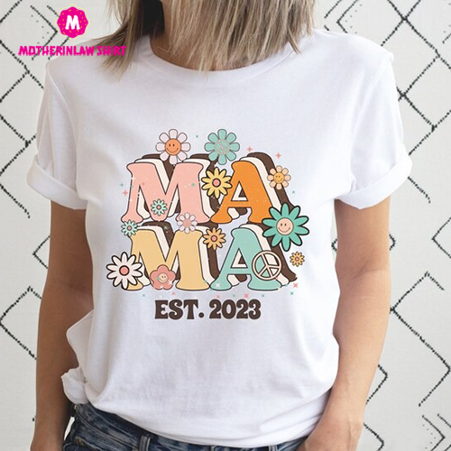 Retro Mama Shirt Mothers Day Gift For Expecting Mom, Mama EST 2023 TShirt For New Mom, Groovy Retro Mom, Hippie Tee Shirt Gift For Mom To Be