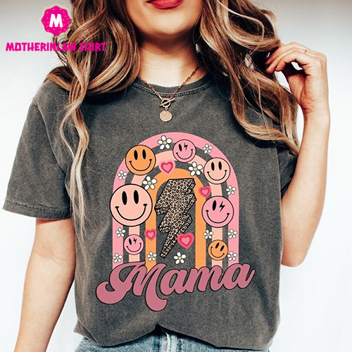 Retro Mama Shirt,Smiley Face Mama Shirt,Mother’s Day Shirt,Mom Tshirt, Mama Tshirt, Pregnancy Announcement Shirt,Retro Floral Mama t-shirt,