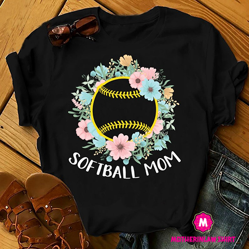 Softball Mom With Flowers, Mother’s Day Gift, Family Shirts Women, Woman Birthday T Shirts, Summer Tops, Beach T Shirts