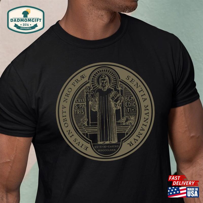 St Benedict Medal Catholic Men’s T-Shirt Spiritual Warfare Get Back Satan Classic