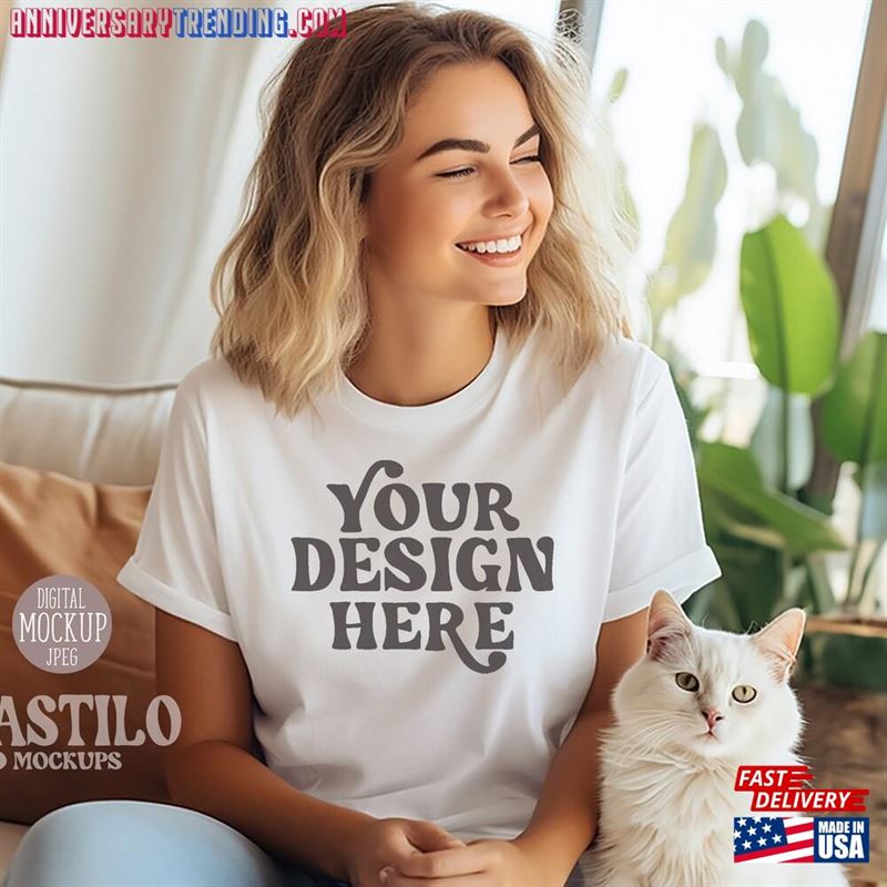 T-Shirt Mockup With Cat Mom White Bella Canvas 3001 Classic – Bipubunny Store