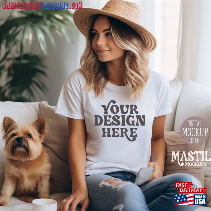 T-Shirt Mockup With Dog Shirt White Bella Canvas 3001 Unisex Sweatshirt – Bipubunny Store